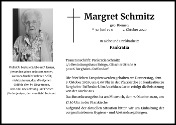 Anzeige von Margret Schmitz von Kölner Stadt-Anzeiger / Kölnische Rundschau / Express