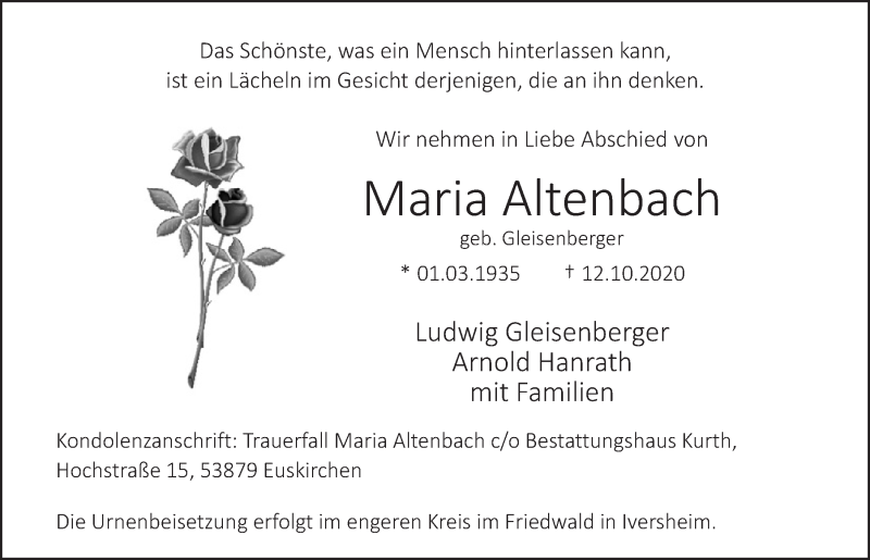  Traueranzeige für Maria Altenbach vom 17.10.2020 aus  Blickpunkt Euskirchen 