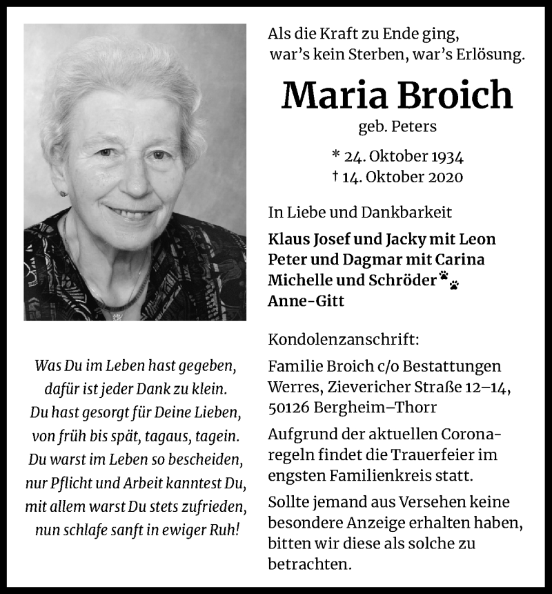  Traueranzeige für Maria Broich vom 21.10.2020 aus Kölner Stadt-Anzeiger / Kölnische Rundschau / Express