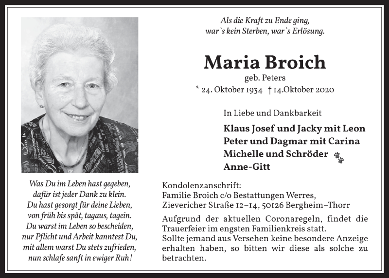  Traueranzeige für Maria Broich vom 23.10.2020 aus  Werbepost 