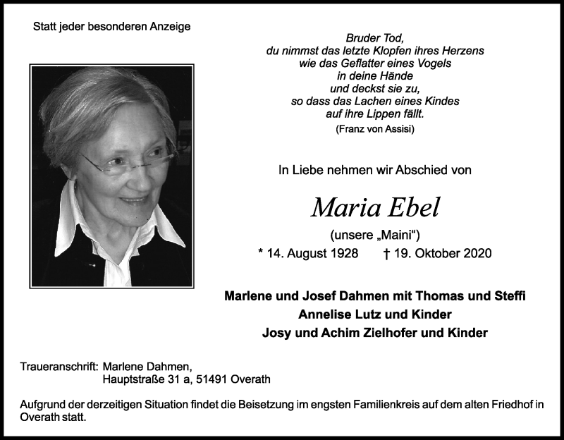  Traueranzeige für Maria Ebel vom 24.10.2020 aus Kölner Stadt-Anzeiger / Kölnische Rundschau / Express