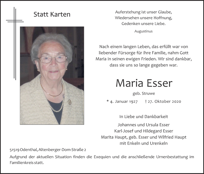  Traueranzeige für Maria Esser vom 31.10.2020 aus Kölner Stadt-Anzeiger / Kölnische Rundschau / Express