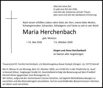 Anzeige von Maria Herchenbach von Kölner Stadt-Anzeiger / Kölnische Rundschau / Express