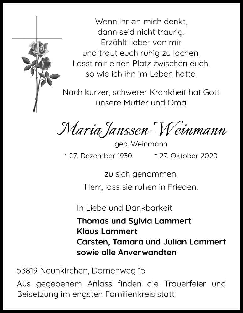  Traueranzeige für Maria Janssen-Weinmann vom 31.10.2020 aus Kölner Stadt-Anzeiger / Kölnische Rundschau / Express