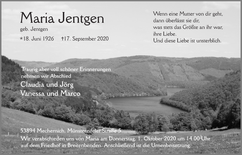  Traueranzeige für Maria Jentgen vom 26.09.2020 aus  Blickpunkt Euskirchen 