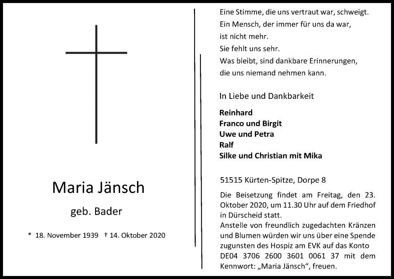  Traueranzeige für Maria Jänsch vom 20.10.2020 aus Kölner Stadt-Anzeiger / Kölnische Rundschau / Express