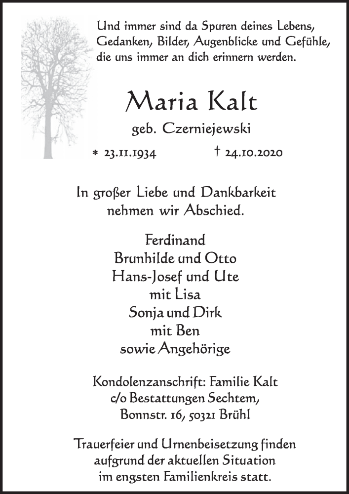  Traueranzeige für Maria Kalt vom 30.10.2020 aus  Schlossbote/Werbekurier 