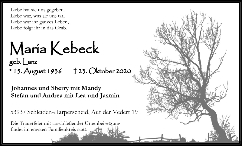  Traueranzeige für Maria Kebeck vom 31.10.2020 aus Kölner Stadt-Anzeiger / Kölnische Rundschau / Express