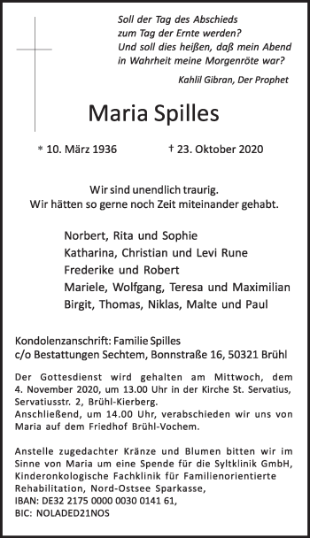 Anzeige von Maria Spilles von  Schlossbote/Werbekurier 