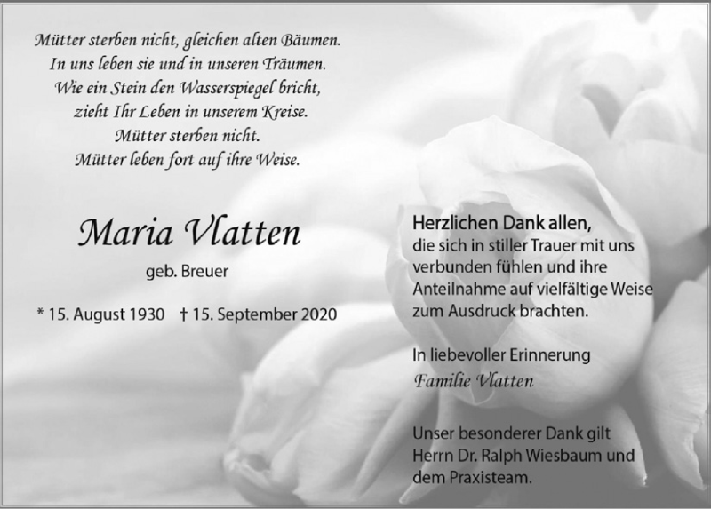  Traueranzeige für Maria Vlatten vom 31.10.2020 aus  Blickpunkt Euskirchen 
