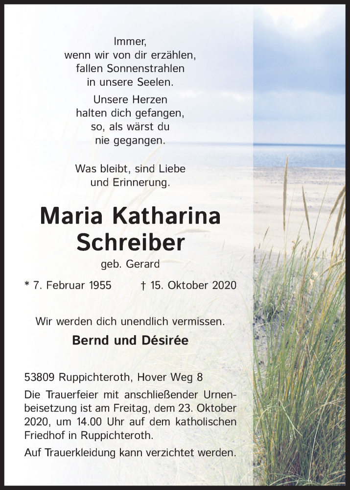  Traueranzeige für Maria Katharina Schreiber vom 20.10.2020 aus Kölner Stadt-Anzeiger / Kölnische Rundschau / Express