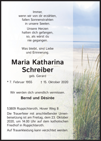 Anzeige von Maria Katharina Schreiber von Kölner Stadt-Anzeiger / Kölnische Rundschau / Express