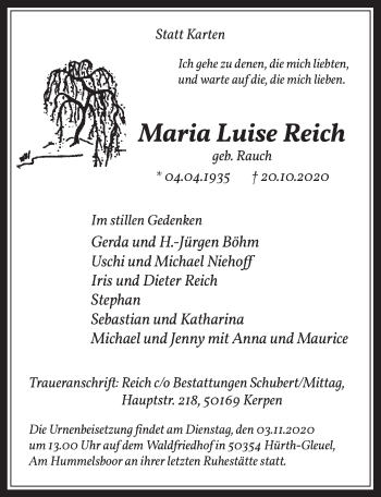 Anzeige von Maria Luise Reich von  Wochenende 