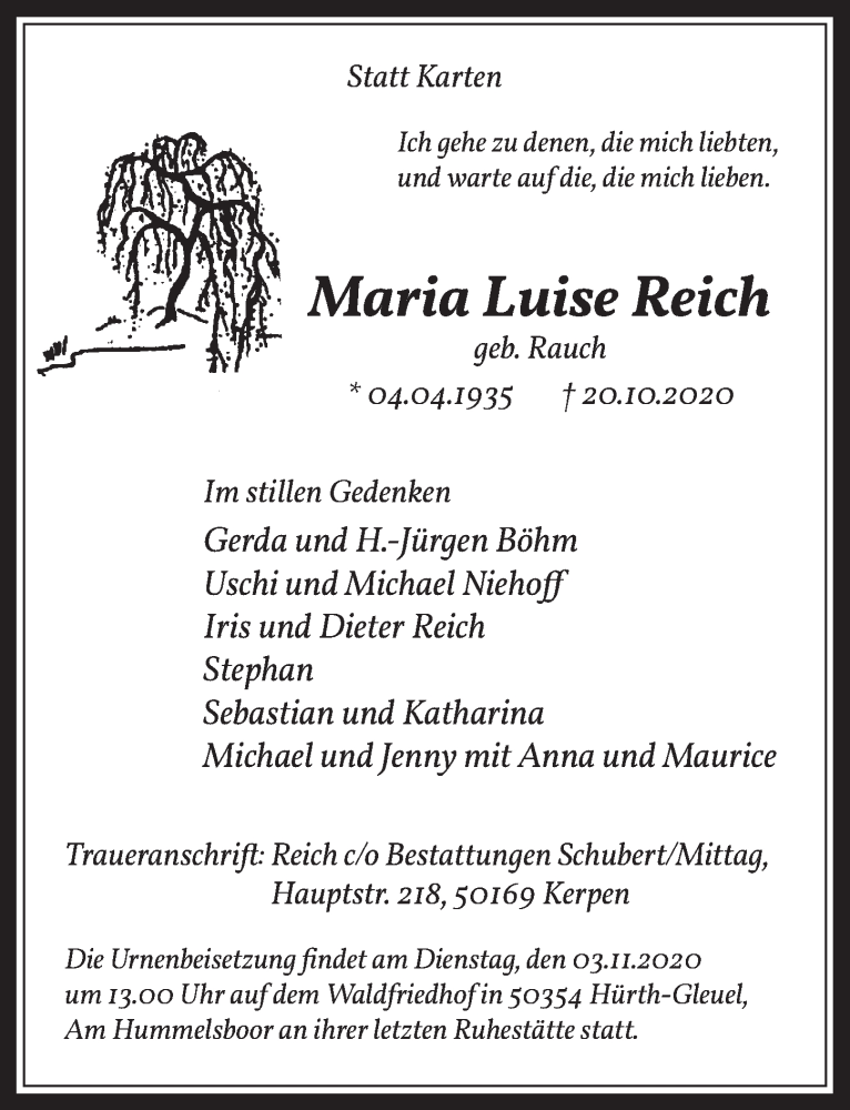  Traueranzeige für Maria Luise Reich vom 30.10.2020 aus  Wochenende 