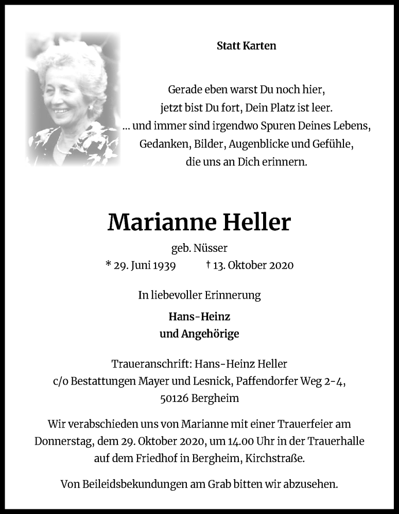  Traueranzeige für Marianne Heller vom 24.10.2020 aus Kölner Stadt-Anzeiger / Kölnische Rundschau / Express