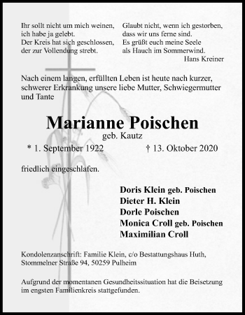 Anzeige von Marianne Poischen von Kölner Stadt-Anzeiger / Kölnische Rundschau / Express