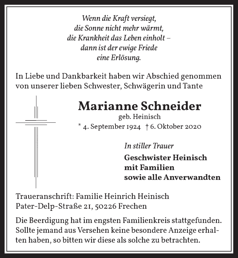  Traueranzeige für Marianne Schneider vom 16.10.2020 aus  Wochenende 