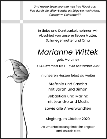Anzeige von Marianne Wittek von Kölner Stadt-Anzeiger / Kölnische Rundschau / Express