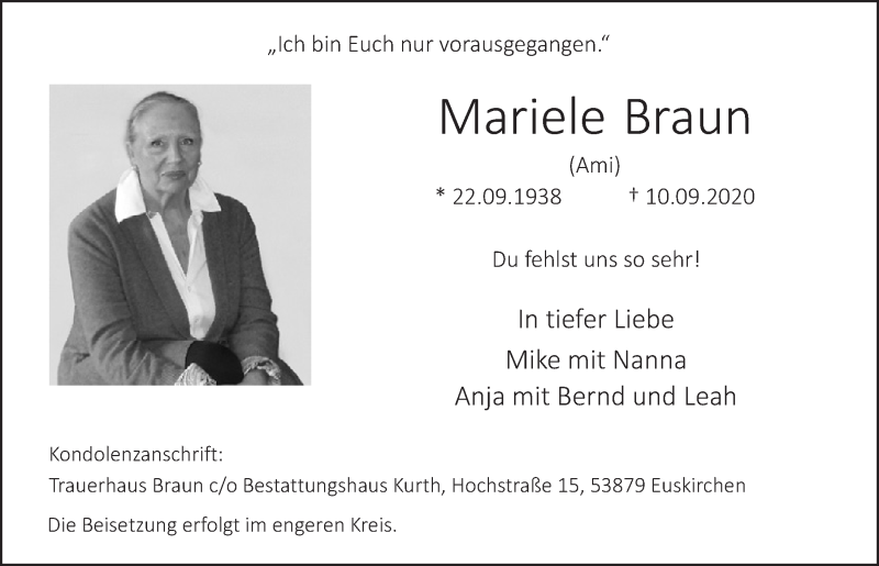  Traueranzeige für Mariele Braun vom 26.09.2020 aus  Blickpunkt Euskirchen 