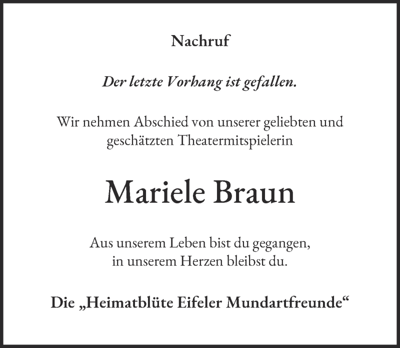  Traueranzeige für Mariele Braun vom 17.10.2020 aus  Blickpunkt Euskirchen 