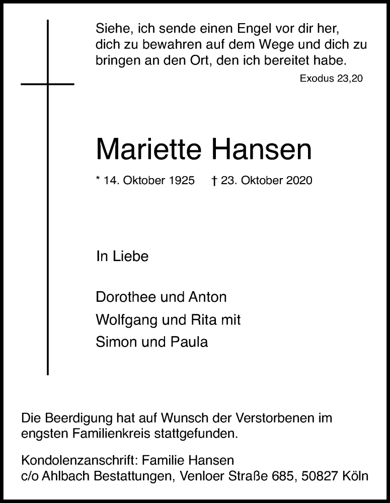  Traueranzeige für Mariette Hansen vom 31.10.2020 aus Kölner Stadt-Anzeiger / Kölnische Rundschau / Express