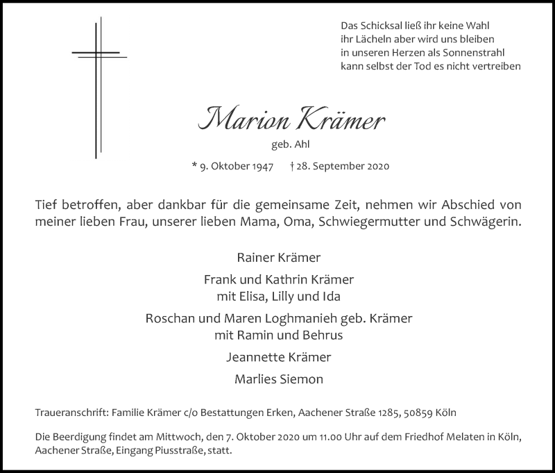  Traueranzeige für Marion Krämer vom 03.10.2020 aus Kölner Stadt-Anzeiger / Kölnische Rundschau / Express