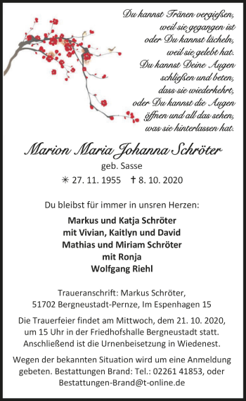 Anzeige von Marion Maria Johanna Schröter von  Anzeigen Echo 