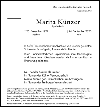 Anzeige von Marita Künzer von Kölner Stadt-Anzeiger / Kölnische Rundschau / Express