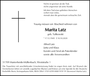 Anzeige von Marita Latz von Kölner Stadt-Anzeiger / Kölnische Rundschau / Express