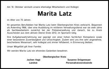 Anzeige von Marita Latz von Kölner Stadt-Anzeiger / Kölnische Rundschau / Express