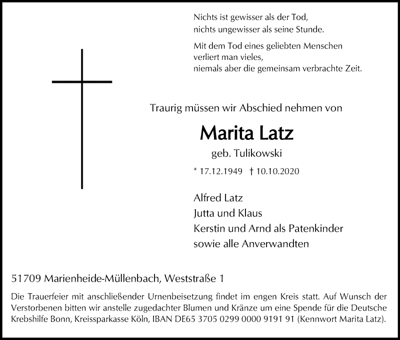  Traueranzeige für Marita Latz vom 17.10.2020 aus Kölner Stadt-Anzeiger / Kölnische Rundschau / Express