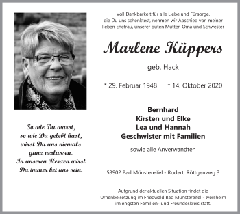 Anzeige von Marlene Küppers von  Blickpunkt Euskirchen 
