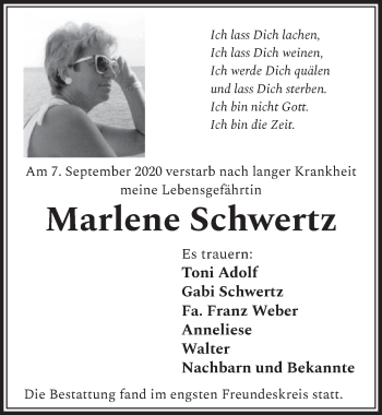 Anzeige von Marlene Schwertz von  Kölner Wochenspiegel  Schlossbote/Werbekurier 