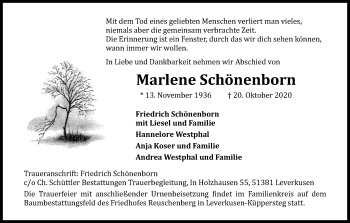 Anzeige von Marlene Schönenborn von Kölner Stadt-Anzeiger / Kölnische Rundschau / Express