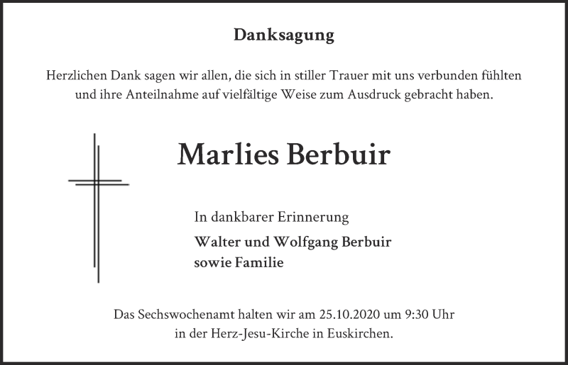  Traueranzeige für Marlies Berbuir vom 17.10.2020 aus  Blickpunkt Euskirchen 