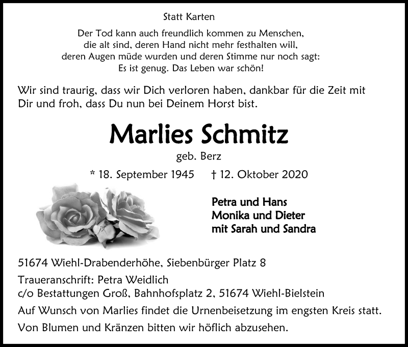  Traueranzeige für Marlies Schmitz vom 17.10.2020 aus Kölner Stadt-Anzeiger / Kölnische Rundschau / Express