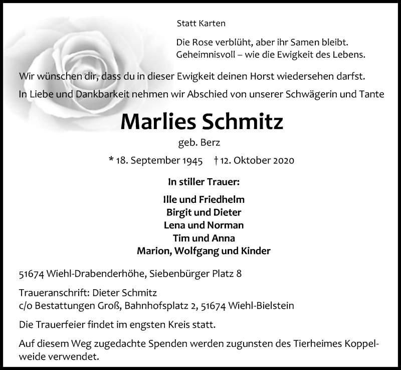  Traueranzeige für Marlies Schmitz vom 17.10.2020 aus Kölner Stadt-Anzeiger / Kölnische Rundschau / Express