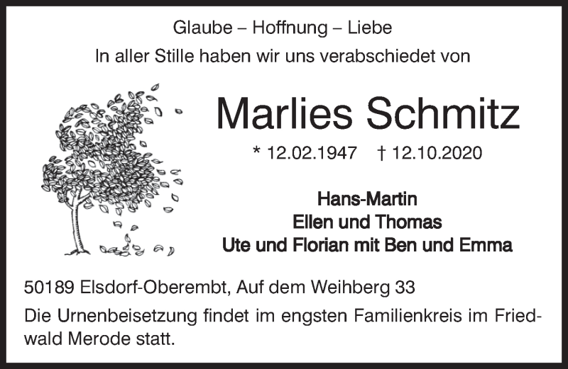  Traueranzeige für Marlies Schmitz vom 23.10.2020 aus  Werbepost 