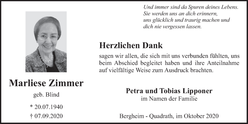  Traueranzeige für Marliese Zimmer vom 30.10.2020 aus  Werbepost 