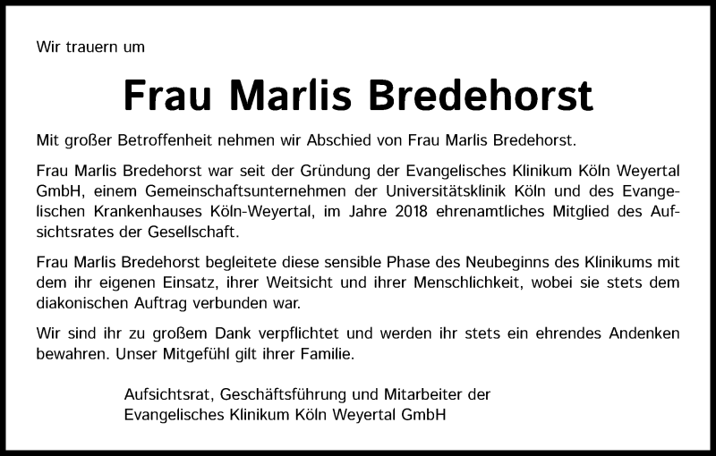  Traueranzeige für Marlis Bredehorst vom 21.10.2020 aus Kölner Stadt-Anzeiger / Kölnische Rundschau / Express