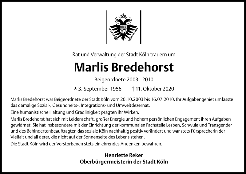 Traueranzeige für Marlis Bredehorst vom 17.10.2020 aus Kölner Stadt-Anzeiger / Kölnische Rundschau / Express