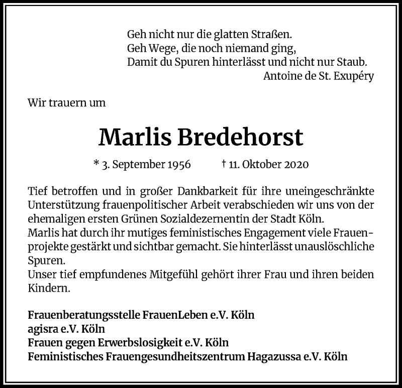  Traueranzeige für Marlis Bredehorst vom 17.10.2020 aus Kölner Stadt-Anzeiger / Kölnische Rundschau / Express