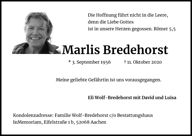  Traueranzeige für Marlis Bredehorst vom 17.10.2020 aus Kölner Stadt-Anzeiger / Kölnische Rundschau / Express
