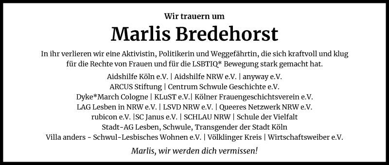  Traueranzeige für Marlis Bredehorst vom 17.10.2020 aus Kölner Stadt-Anzeiger / Kölnische Rundschau / Express
