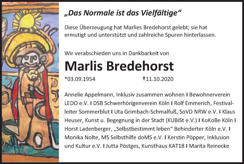  Traueranzeige für Marlis Bredehorst vom 24.10.2020 aus Kölner Stadt-Anzeiger / Kölnische Rundschau / Express