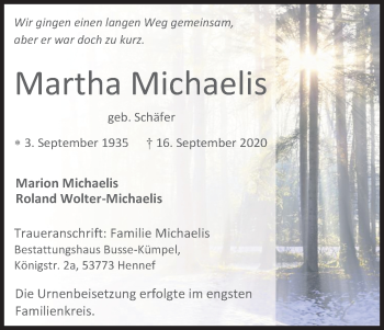 Anzeige von Martha Michaelis von Kölner Stadt-Anzeiger / Kölnische Rundschau / Express