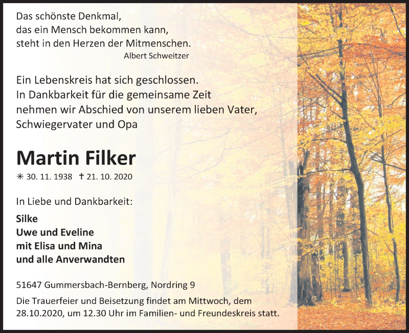  Traueranzeige für Martin Filker vom 24.10.2020 aus Kölner Stadt-Anzeiger / Kölnische Rundschau / Express