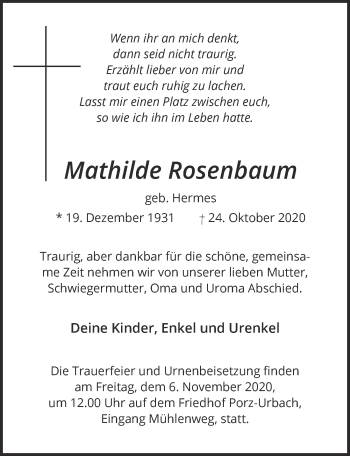 Anzeige von Mathilde Rosenbaum von  Kölner Wochenspiegel 