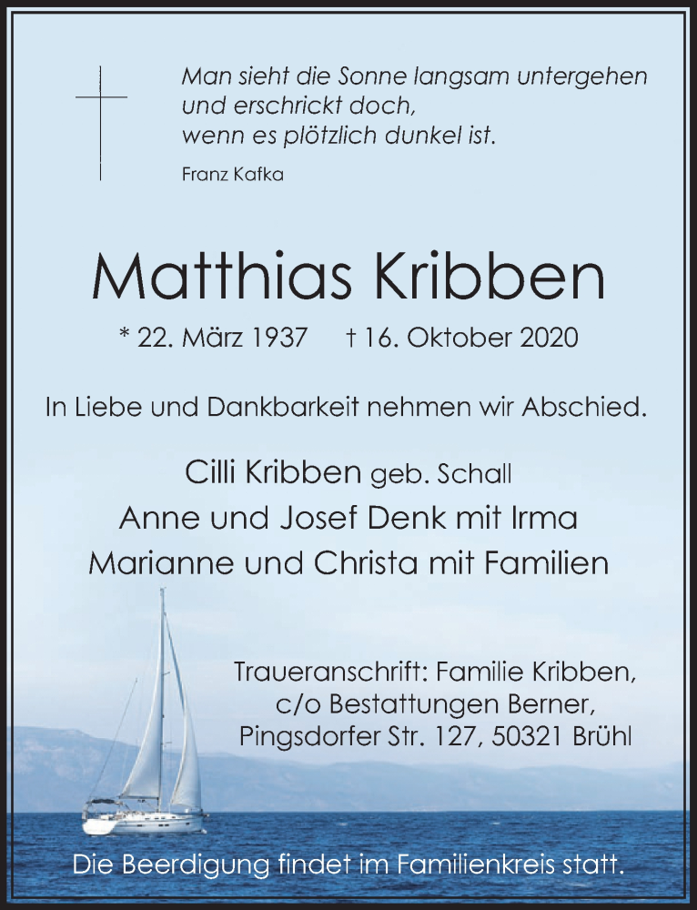  Traueranzeige für Matthias Kribben vom 23.10.2020 aus  Schlossbote/Werbekurier 