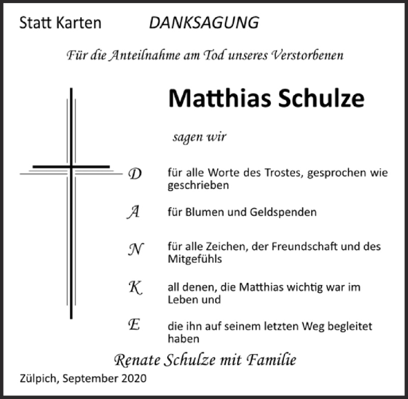  Traueranzeige für Matthias Schulze vom 26.09.2020 aus  Blickpunkt Euskirchen 
